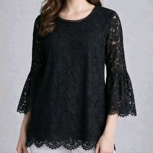 Isaac Mizrahi Live Tunic Top Womens XS Black Lace Flared 3/4 Sleeves Lined EUC
